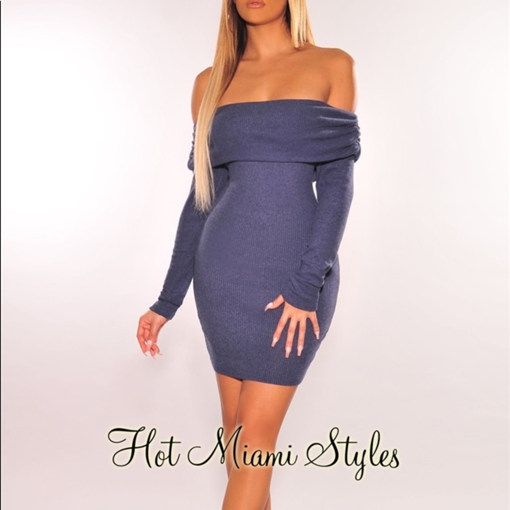 Hot Miami Styles Ribbed Overlay Off Shoulder Dress